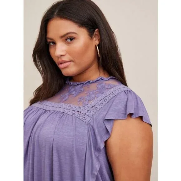 NWT Torrid Knit Lace Inset Flutter Sleeve Top in Heron Heather Blue Plus Size 4 - Picture 2 of 4